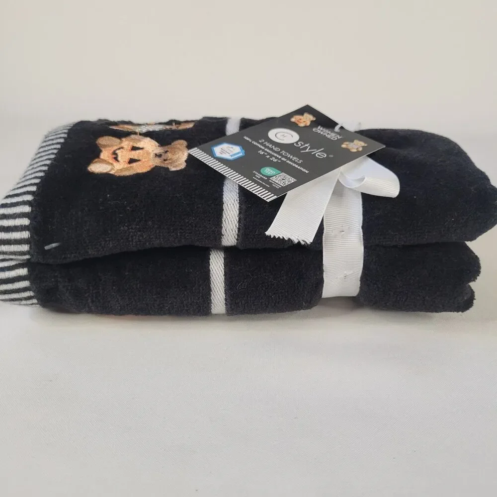 Set 2 Halloween Hand Towels Black White Cotton Teddy Bear Pumpkin Costume 16x26”